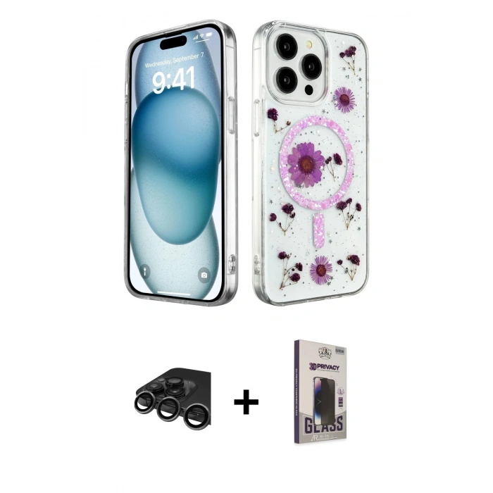 MARSİLYAN™- iPhone 15 Pro Max Kılıf Kozmos Doku - Siyah Bilvis Hayalet Cam Ekran Koruyucu + Raze Metal Kamera Lens - TMGI