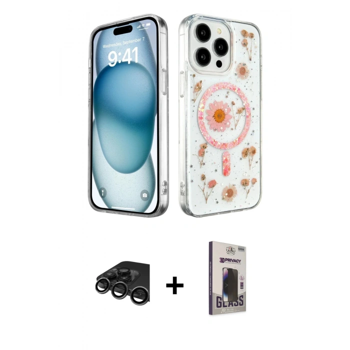 MARSİLYAN™- iPhone 15 Pro Max Kılıf Kozmos Doku - Siyah Bilvis Hayalet Cam Ekran Koruyucu + Raze Metal Kamera Lens - TMGI