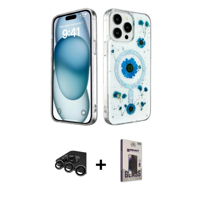 MARSİLYAN™- iPhone 15 Pro Max Kılıf Kozmos Doku - Siyah Bilvis Hayalet Cam Ekran Koruyucu + Raze Metal Kamera Lens - TMGI