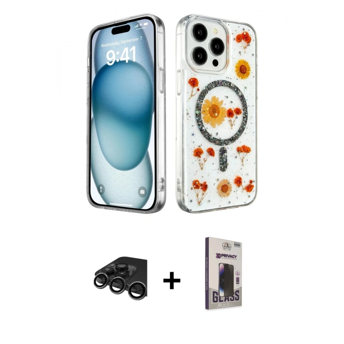 MARSİLYAN™- iPhone 15 Pro Max Kılıf Kozmos Doku - Siyah Bilvis Hayalet Cam Ekran Koruyucu + Raze Metal Kamera Lens - TMGI