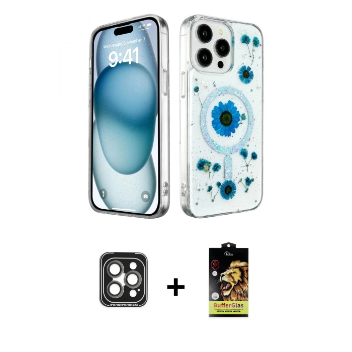 MARSİLYAN™- iPhone 15 Pro Max Kılıf Kozmos Doku - Siyah Buffer Cam Ekran Koruyucu + PVD Metal Kamera Lens - GI