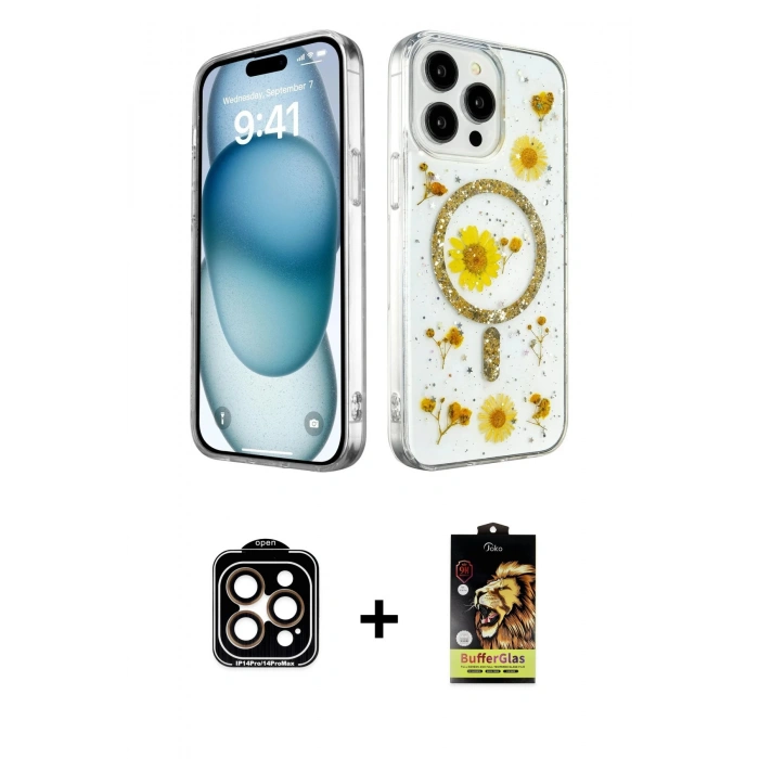 MARSİLYAN™- iPhone 15 Pro Max Kılıf Kozmos Doku - Siyah Buffer Cam Ekran Koruyucu + PVD Metal Kamera Lens - TU