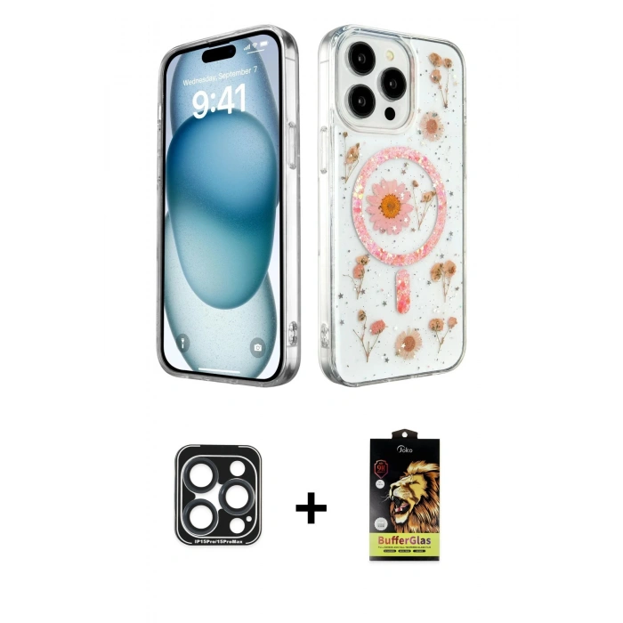 MARSİLYAN™- iPhone 15 Pro Max Kılıf Kozmos Doku - Siyah Buffer Cam Ekran Koruyucu + PVD Metal Kamera Lens - LT