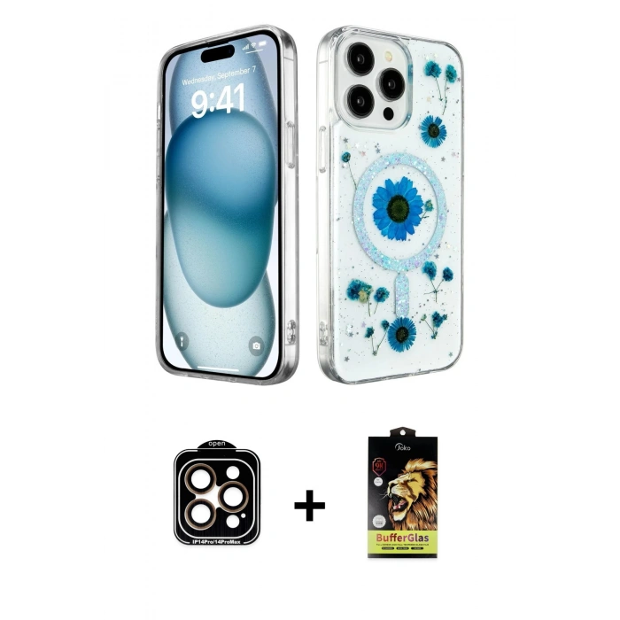 MARSİLYAN™- iPhone 15 Pro Max Kılıf Kozmos Doku - Siyah Buffer Cam Ekran Koruyucu + PVD Metal Kamera Lens - TU