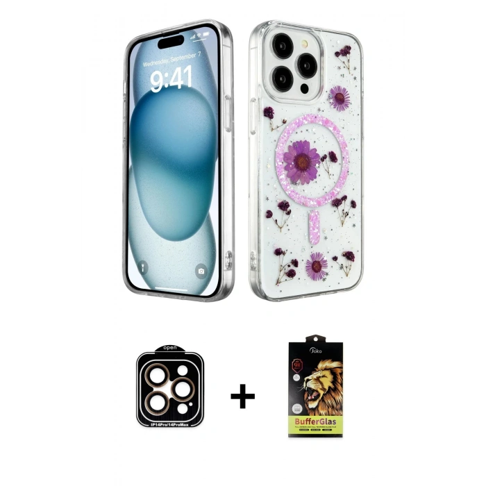 MARSİLYAN™- iPhone 15 Pro Max Kılıf Kozmos Doku - Siyah Buffer Cam Ekran Koruyucu + PVD Metal Kamera Lens - TU
