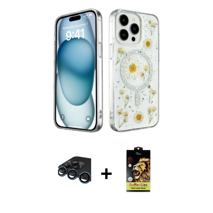 MARSİLYAN™- iPhone 15 Pro Max Kılıf Kozmos Doku - Siyah Buffer Cam Ekran Koruyucu + Raze Metal Kamera Lens - LT