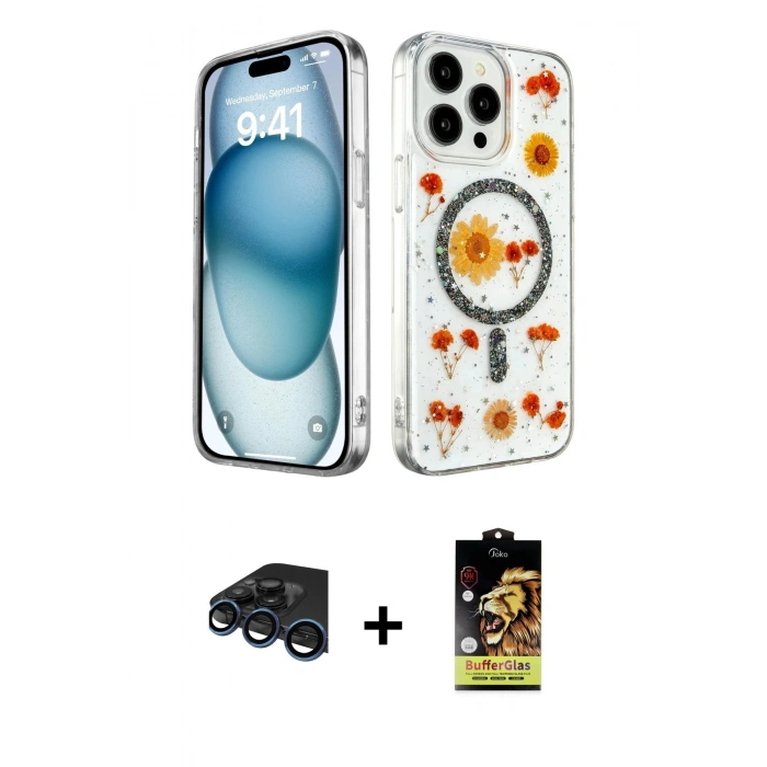 MARSİLYAN™- iPhone 15 Pro Max Kılıf Kozmos Doku - Siyah Buffer Cam Ekran Koruyucu + Raze Metal Kamera Lens - LT