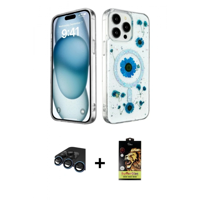 MARSİLYAN™- iPhone 15 Pro Max Kılıf Kozmos Doku - Siyah Buffer Cam Ekran Koruyucu + Raze Metal Kamera Lens - LT