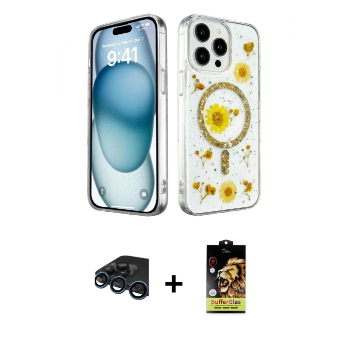 MARSİLYAN™- iPhone 15 Pro Max Kılıf Kozmos Doku - Siyah Buffer Cam Ekran Koruyucu + Raze Metal Kamera Lens - LT