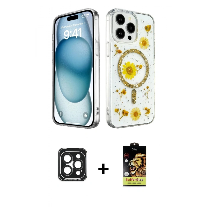 MARSİLYAN™- iPhone 15 Pro Max Kılıf Kozmos Doku - Siyah Buffer Cam Ekran Koruyucu + PVD Metal Kamera Lens - SH