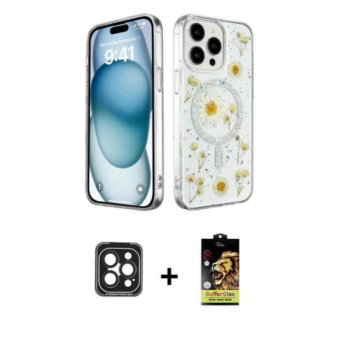MARSİLYAN™- iPhone 15 Pro Max Kılıf Kozmos Doku - Siyah Buffer Cam Ekran Koruyucu + PVD Metal Kamera Lens - SH