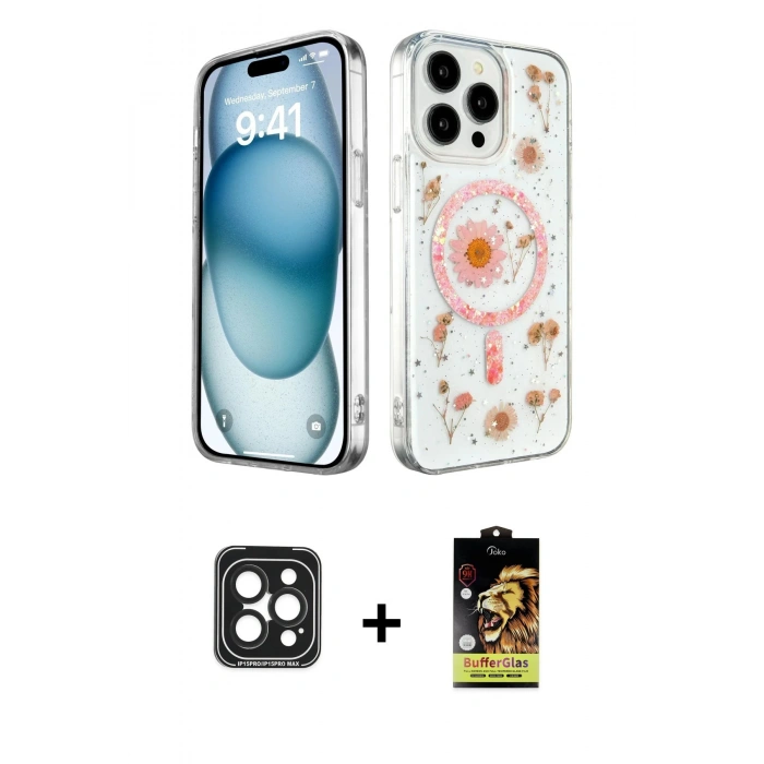 MARSİLYAN™- iPhone 15 Pro Max Kılıf Kozmos Doku - Siyah Buffer Cam Ekran Koruyucu + PVD Metal Kamera Lens - SH