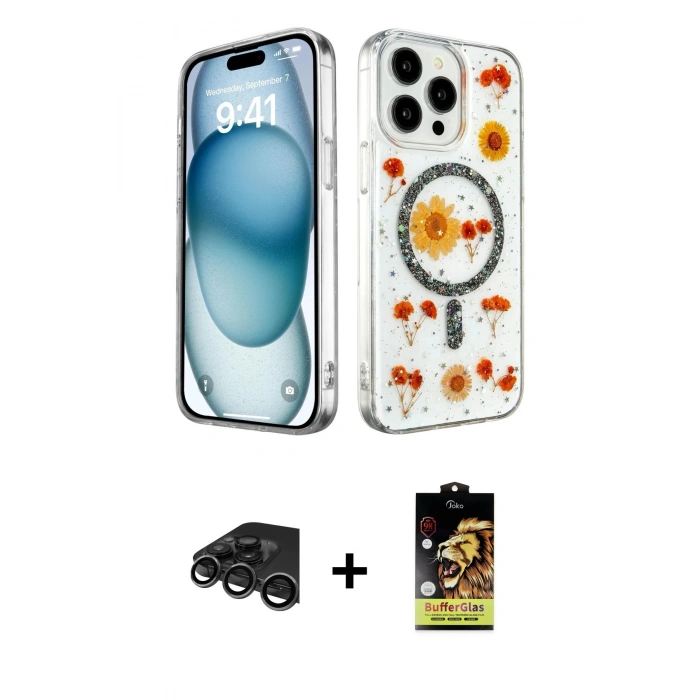 MARSİLYAN™- iPhone 15 Pro Max Kılıf Kozmos Doku - Siyah Buffer Cam Ekran Koruyucu + Titanyum Gri Raze Metal Kamera Lens