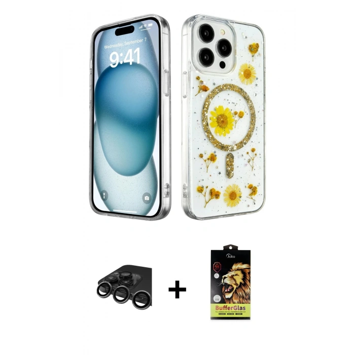 MARSİLYAN™- iPhone 15 Pro Max Kılıf Kozmos Doku - Siyah Buffer Cam Ekran Koruyucu + Titanyum Gri Raze Metal Kamera Lens