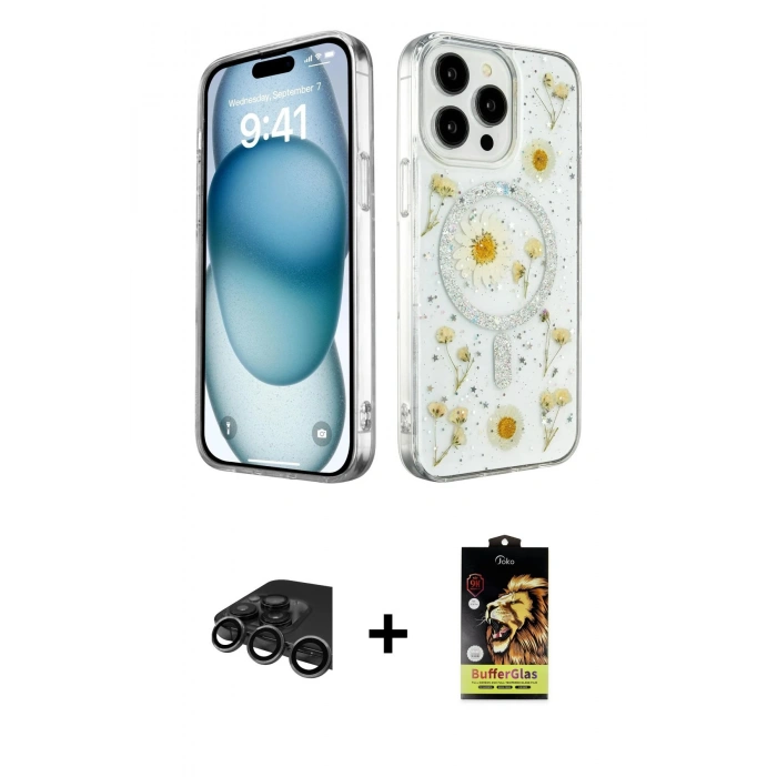 MARSİLYAN™- iPhone 15 Pro Max Kılıf Kozmos Doku - Siyah Buffer Cam Ekran Koruyucu + Titanyum Gri Raze Metal Kamera Lens