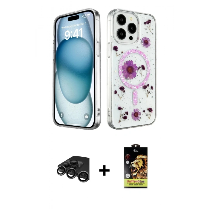 MARSİLYAN™- iPhone 15 Pro Max Kılıf Kozmos Doku - Siyah Buffer Cam Ekran Koruyucu + Titanyum Gri Raze Metal Kamera Lens