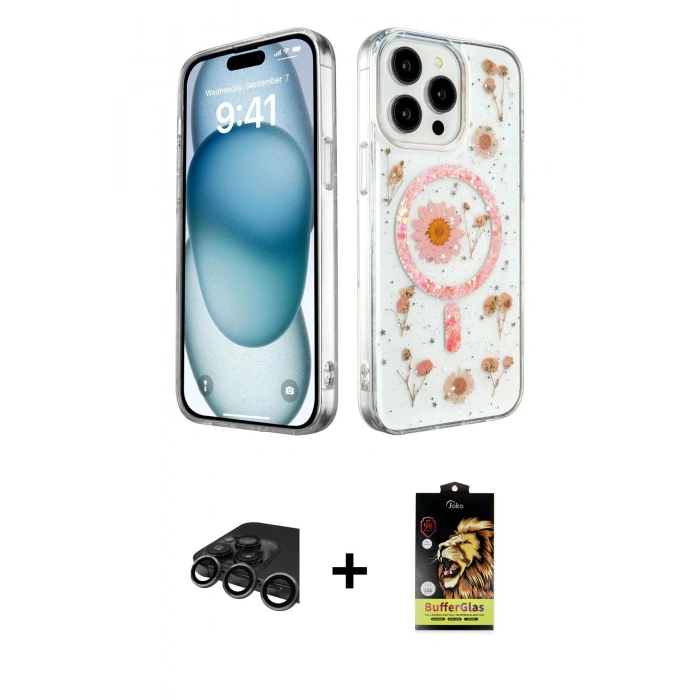 MARSİLYAN™- iPhone 15 Pro Max Kılıf Kozmos Doku - Siyah Buffer Cam Ekran Koruyucu + Titanyum Gri Raze Metal Kamera Lens