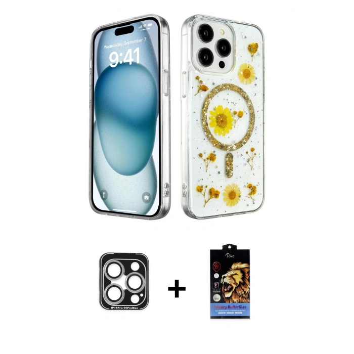 MARSİLYAN™- iPhone 15 Pro Max Kılıf Kozmos Doku - Siyah Buffer Hayalet Cam Ekran Koruyucu + PVD Metal Kamera Lens - GS