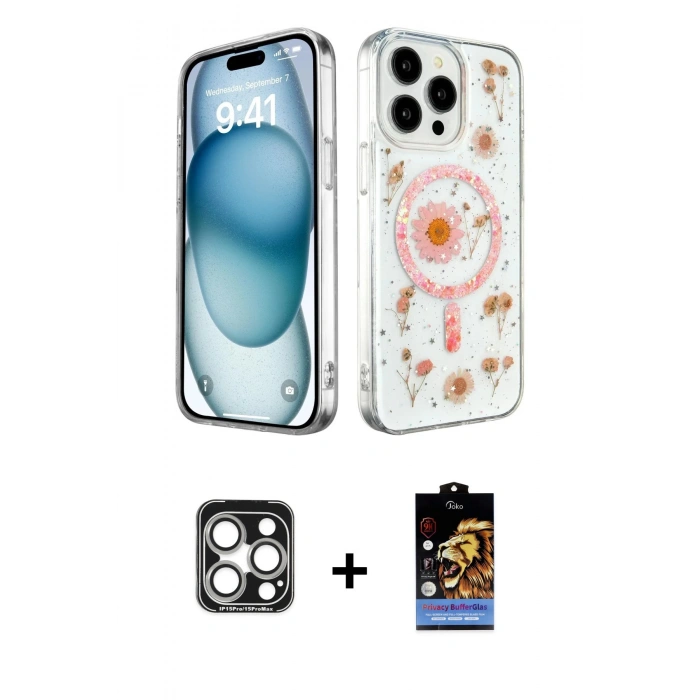 MARSİLYAN™- iPhone 15 Pro Max Kılıf Kozmos Doku - Siyah Buffer Hayalet Cam Ekran Koruyucu + PVD Metal Kamera Lens - GS