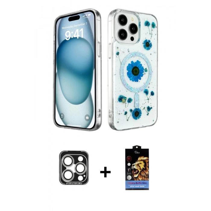 MARSİLYAN™- iPhone 15 Pro Max Kılıf Kozmos Doku - Siyah Buffer Hayalet Cam Ekran Koruyucu + PVD Metal Kamera Lens - GS