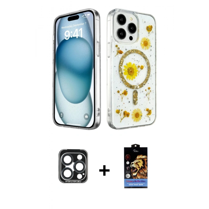 MARSİLYAN™- iPhone 15 Pro Max Kılıf Kozmos Doku - Siyah Buffer Hayalet Cam Ekran Koruyucu + PVD Metal Kamera Lens - LT