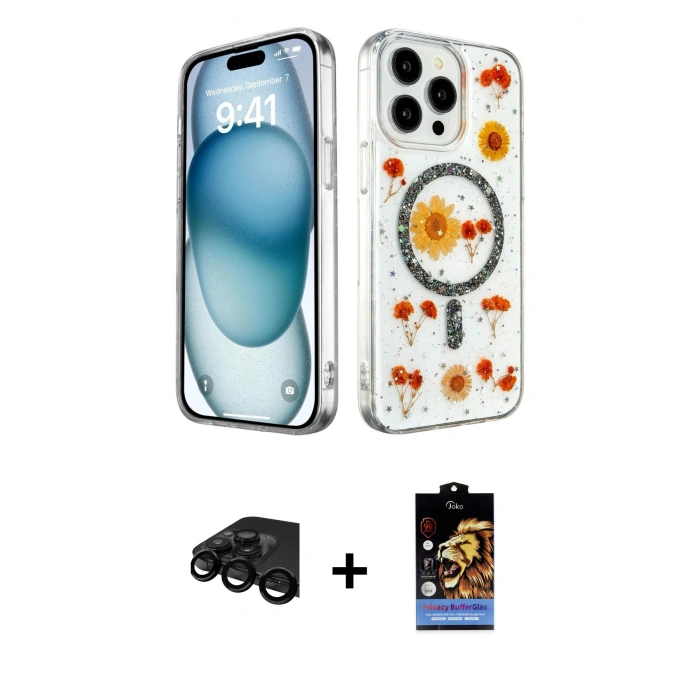 MARSİLYAN™- iPhone 15 Pro Max Kılıf Kozmos Doku - Siyah Buffer Hayalet Cam Ekran Koruyucu + Siyah Raze Metal Kamera Lens
