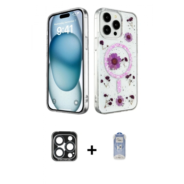 MARSİLYAN™- iPhone 15 Pro Max Kılıf Kozmos Doku - Siyah Joko Magic 5D Cam + PVD Metal Kamera Lens - LT