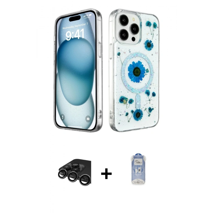 MARSİLYAN™- iPhone 15 Pro Max Kılıf Kozmos Doku - Siyah Joko Magic 5D Cam + Raze Metal Kamera Lens - TMGI