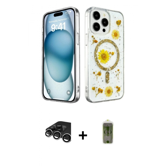 MARSİLYAN™- iPhone 15 Pro Max Kılıf Kozmos Doku - Siyah Joko Magic 5D Hayalet Cam + Raze Metal Kamera Lens - GS