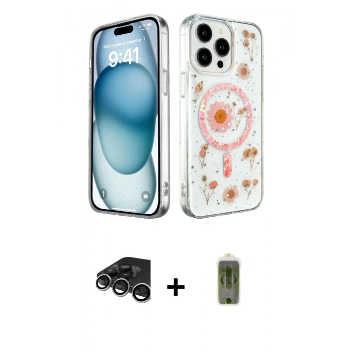 MARSİLYAN™- iPhone 15 Pro Max Kılıf Kozmos Doku - Siyah Joko Magic 5D Hayalet Cam + Raze Metal Kamera Lens - GS