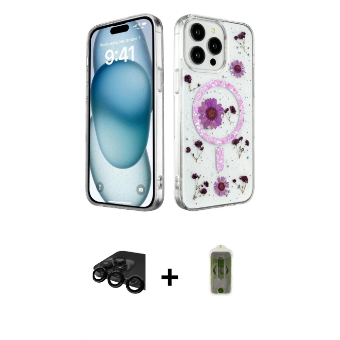 MARSİLYAN™- iPhone 15 Pro Max Kılıf Kozmos Doku - Siyah Joko Magic 5D Hayalet Cam + Raze Metal Kamera Lens - SH