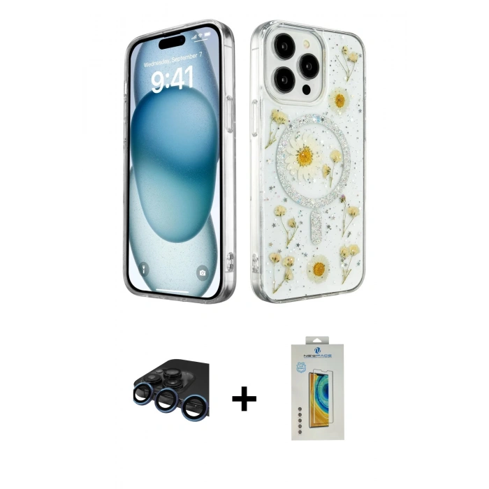 MARSİLYAN™- iPhone 15 Pro Max Kılıf Kozmos Doku - Siyah Polymer Nano Ekran Koruyucu + Raze Metal Kamera Lens - LT