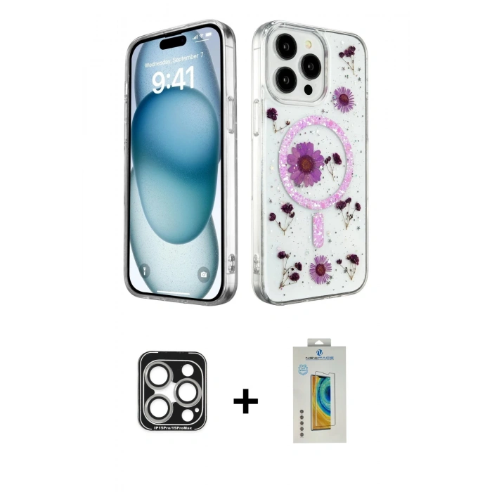 MARSİLYAN™- iPhone 15 Pro Max Kılıf Kozmos Doku - Siyah Polymer Nano Ekran Koruyucu + PVD Metal Kamera Lens - GS