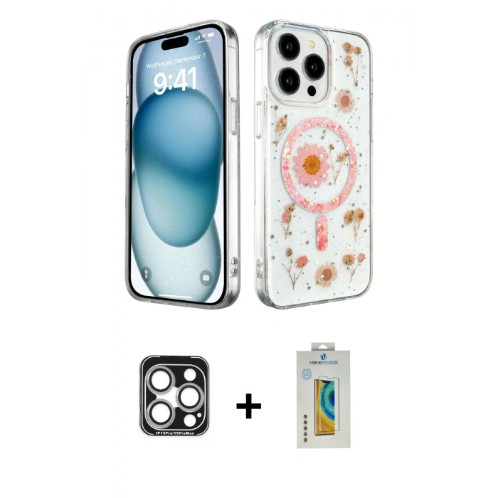 MARSİLYAN™- iPhone 15 Pro Max Kılıf Kozmos Doku - Siyah Polymer Nano Ekran Koruyucu + PVD Metal Kamera Lens - GS