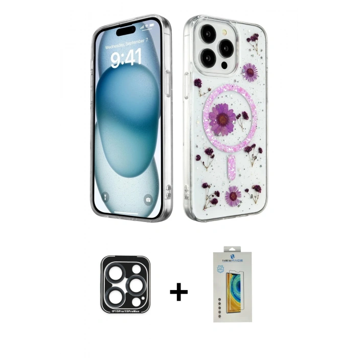 MARSİLYAN™- iPhone 15 Pro Max Kılıf Kozmos Doku - Siyah Polymer Nano Ekran Koruyucu + PVD Metal Kamera Lens - LT