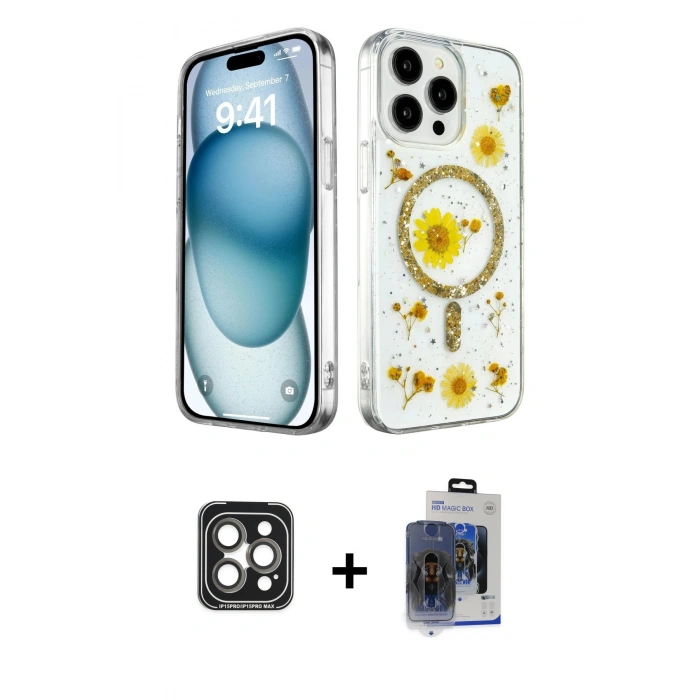 MARSİLYAN™- iPhone 15 Pro Max Kılıf Kozmos Doku - Siyah Vanessa Magic Cam + PVD Metal Kamera Lens - GI