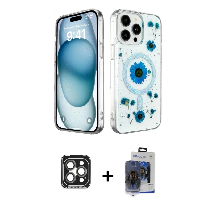 MARSİLYAN™- iPhone 15 Pro Max Kılıf Kozmos Doku - Siyah Vanessa Magic Cam + PVD Metal Kamera Lens - GI