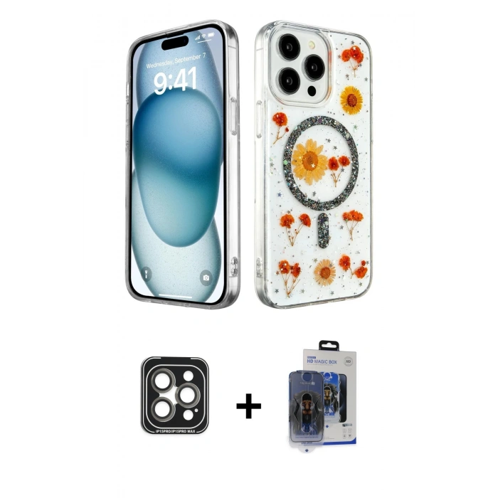 MARSİLYAN™- iPhone 15 Pro Max Kılıf Kozmos Doku - Siyah Vanessa Magic Cam + PVD Metal Kamera Lens - GI