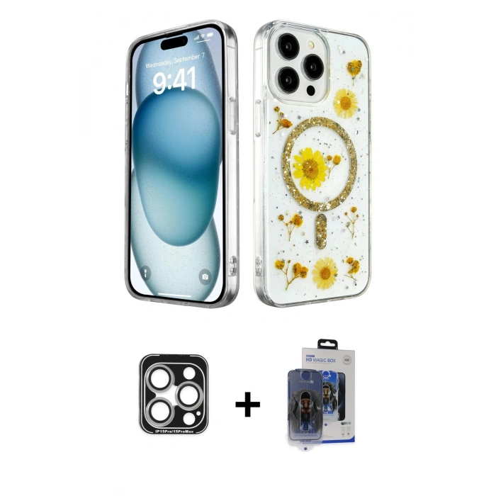 MARSİLYAN™- iPhone 15 Pro Max Kılıf Kozmos Doku - Siyah Vanessa Magic Cam + PVD Metal Kamera Lens - GS