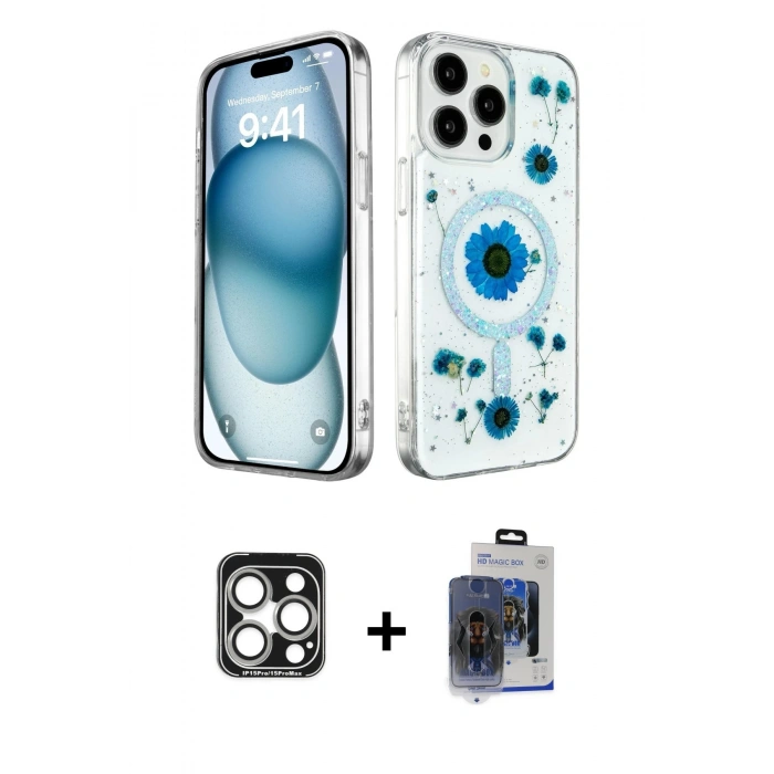 MARSİLYAN™- iPhone 15 Pro Max Kılıf Kozmos Doku - Siyah Vanessa Magic Cam + PVD Metal Kamera Lens - GS