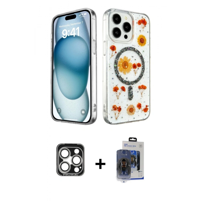 MARSİLYAN™- iPhone 15 Pro Max Kılıf Kozmos Doku - Siyah Vanessa Magic Cam + PVD Metal Kamera Lens - GS