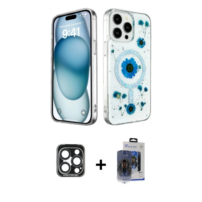 MARSİLYAN™- iPhone 15 Pro Max Kılıf Kozmos Doku - Siyah Vanessa Magic Cam + PVD Metal Kamera Lens - LT