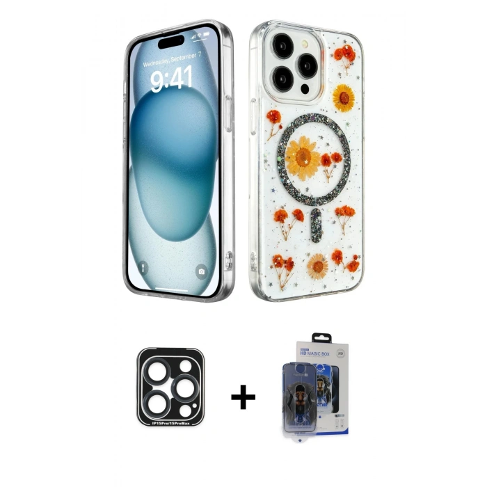 MARSİLYAN™- iPhone 15 Pro Max Kılıf Kozmos Doku - Siyah Vanessa Magic Cam + PVD Metal Kamera Lens - LT