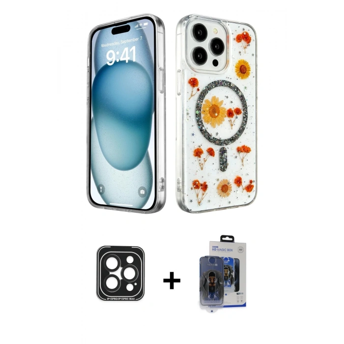 MARSİLYAN™- iPhone 15 Pro Max Kılıf Kozmos Doku - Siyah Vanessa Magic Cam + PVD Metal Kamera Lens - SH