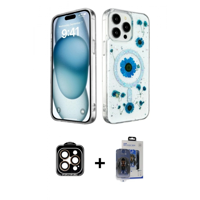 MARSİLYAN™- iPhone 15 Pro Max Kılıf Kozmos Doku - Siyah Vanessa Magic Cam + PVD Metal Kamera Lens - TU