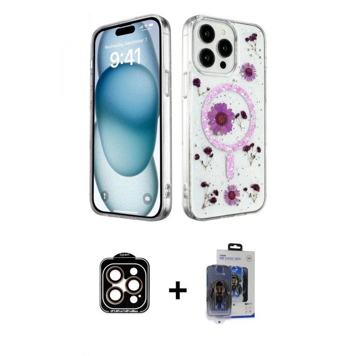 MARSİLYAN™- iPhone 15 Pro Max Kılıf Kozmos Doku - Siyah Vanessa Magic Cam + PVD Metal Kamera Lens - TU