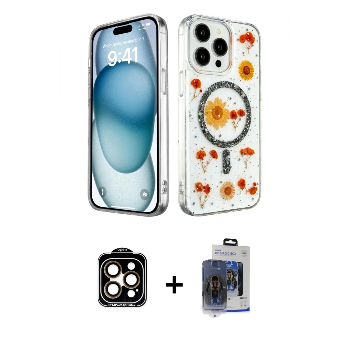 MARSİLYAN™- iPhone 15 Pro Max Kılıf Kozmos Doku - Siyah Vanessa Magic Cam + PVD Metal Kamera Lens - TU