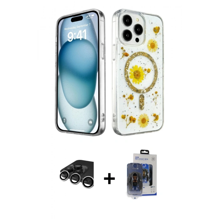 MARSİLYAN™- iPhone 15 Pro Max Kılıf Kozmos Doku - Siyah Vanessa Magic Cam + Raze Metal Kamera Lens - GS