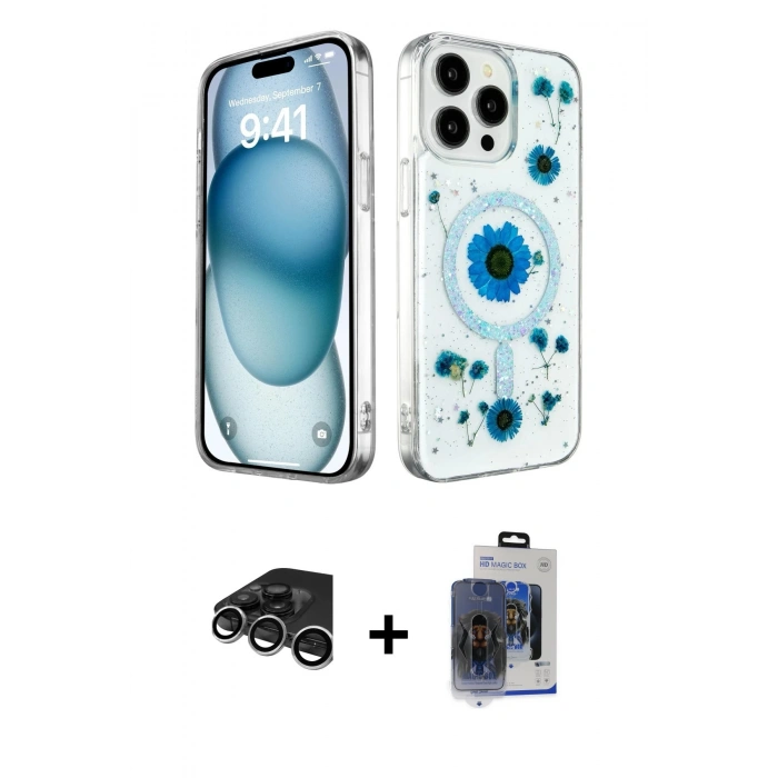 MARSİLYAN™- iPhone 15 Pro Max Kılıf Kozmos Doku - Siyah Vanessa Magic Cam + Raze Metal Kamera Lens - GS