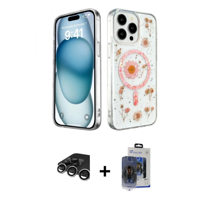 MARSİLYAN™- iPhone 15 Pro Max Kılıf Kozmos Doku - Siyah Vanessa Magic Cam + Raze Metal Kamera Lens - GS